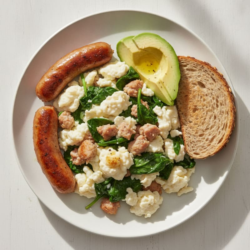 Egg White Scramble with Turkey Sausage and Sautéed Spinach