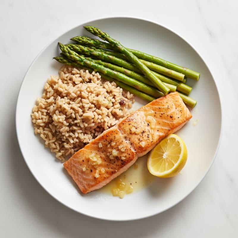 Seared Salmon Fillet with Steamed Asparagus and Brown Rice