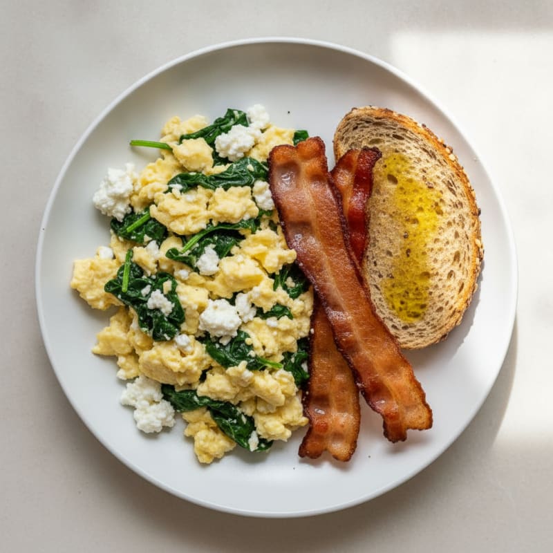 Cottage Cheese Scramble with Sautéed Spinach and Turkey Bacon