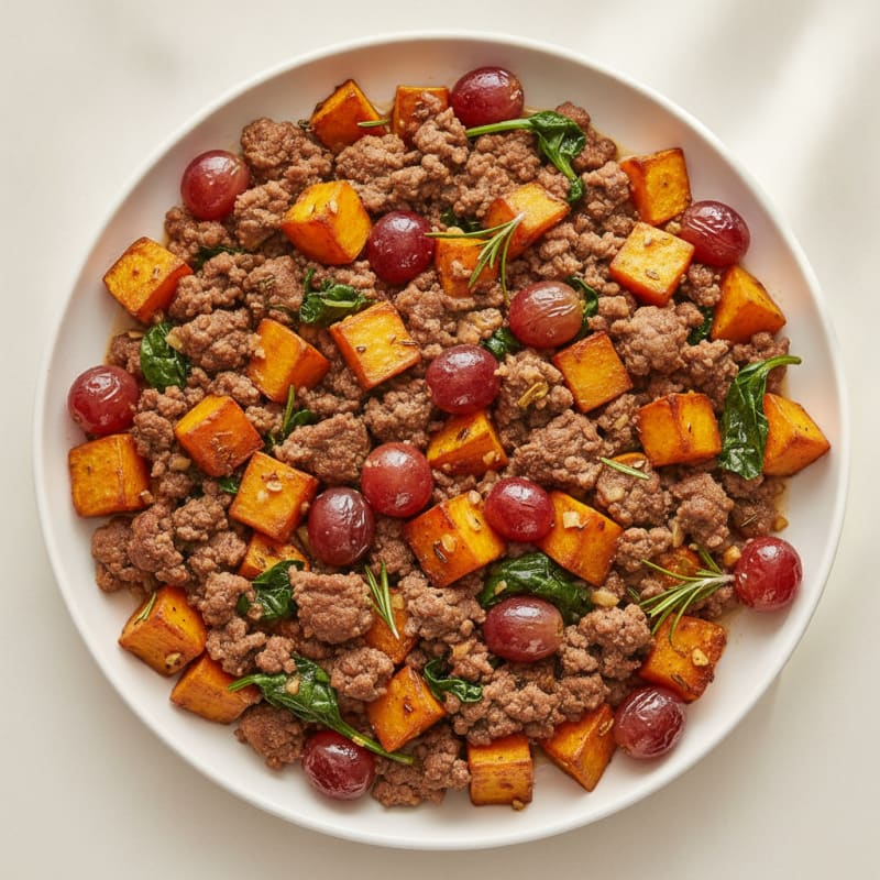 Lean Beef and Sweet Potato Skillet with Roasted Grapes