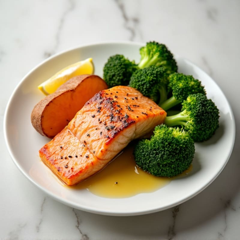Seared Salmon with Roasted Broccoli and Sweet Potato