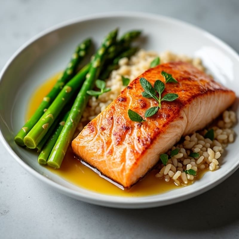 Seared Salmon with Steamed Asparagus and Brown Rice
