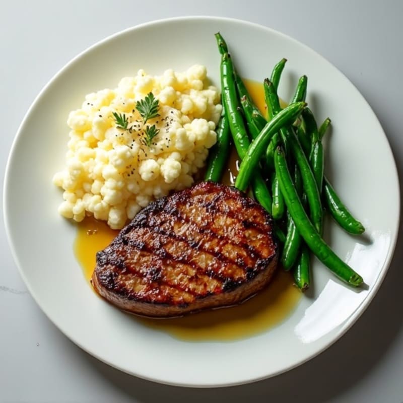 Seared Sirloin Steak with Garlic Green Beans and Mashed Cauliflower