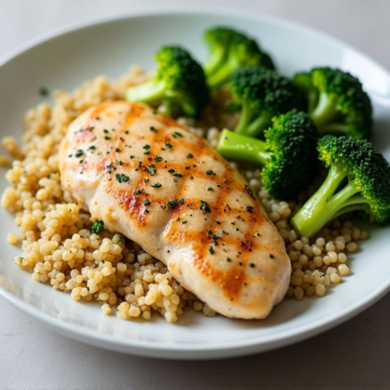 Grilled Lemon Garlic Chicken Breast with Quinoa and Steamed Broccoli