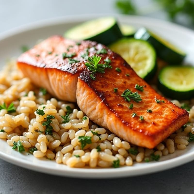 Seared Salmon with Garlic Herb Brown Rice and Sautéed Zucchini