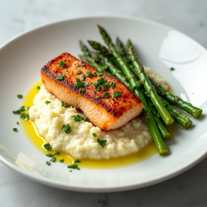 Seared Salmon with Steamed Asparagus and Cauliflower Mash