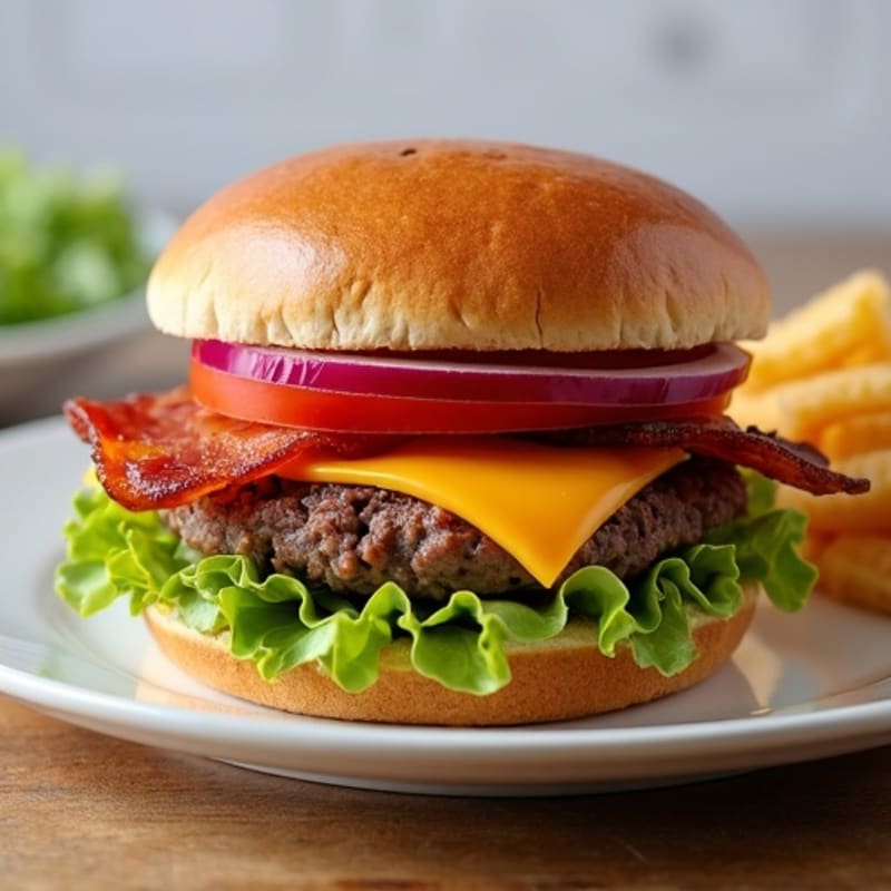 Lean Beef Cheeseburger with Crispy Turkey Bacon and Fresh Toppings