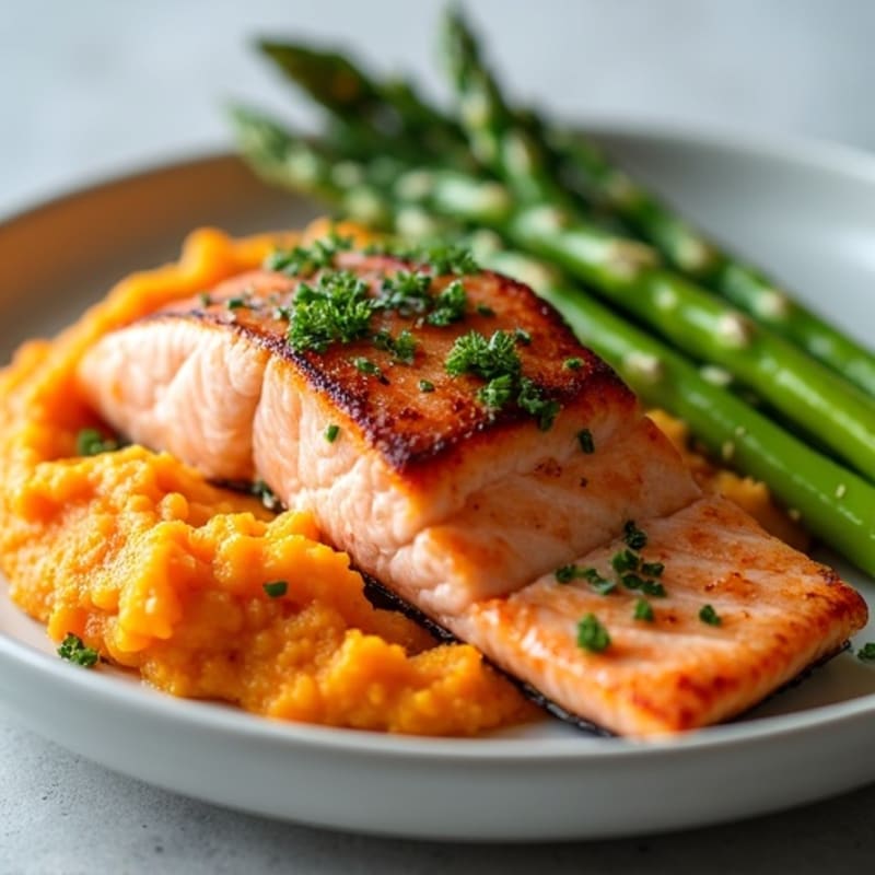 Seared Salmon with Steamed Asparagus and Sweet Potato Mash