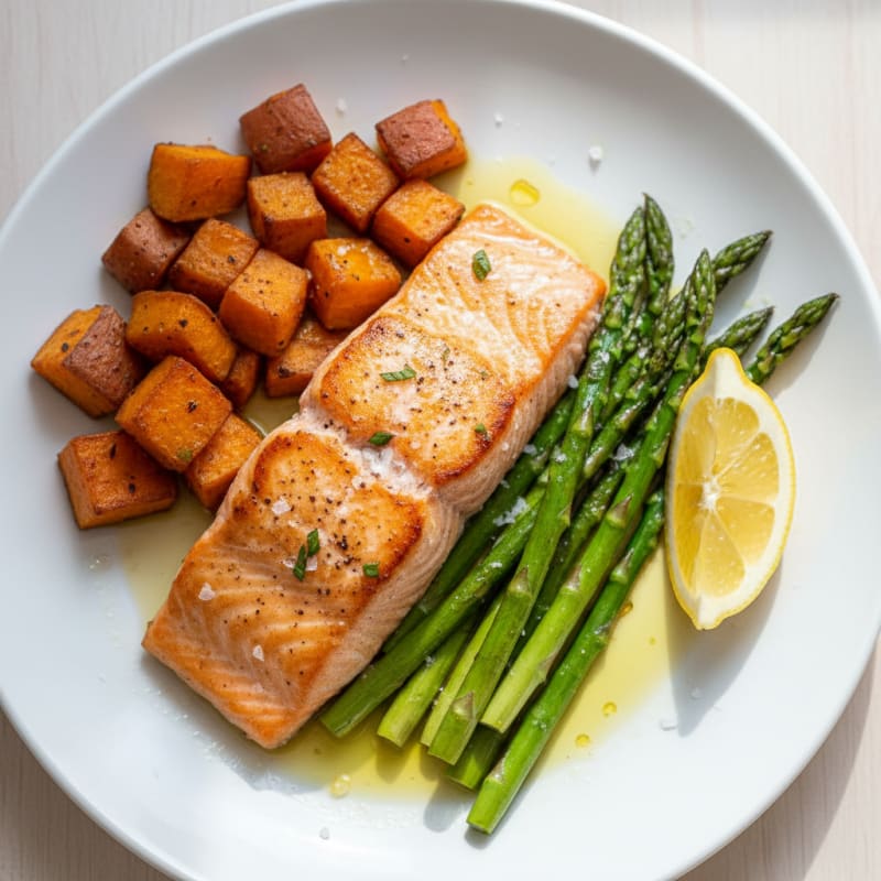 Seared Salmon Fillet with Roasted Sweet Potato and Asparagus