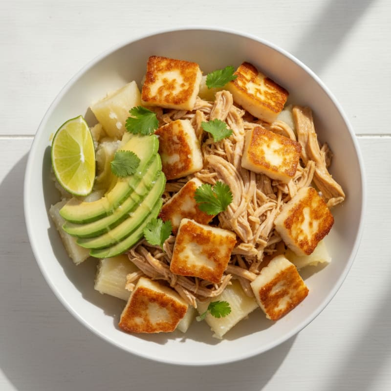 Cassava and Fry Cheese Bowl with Shredded Chicken