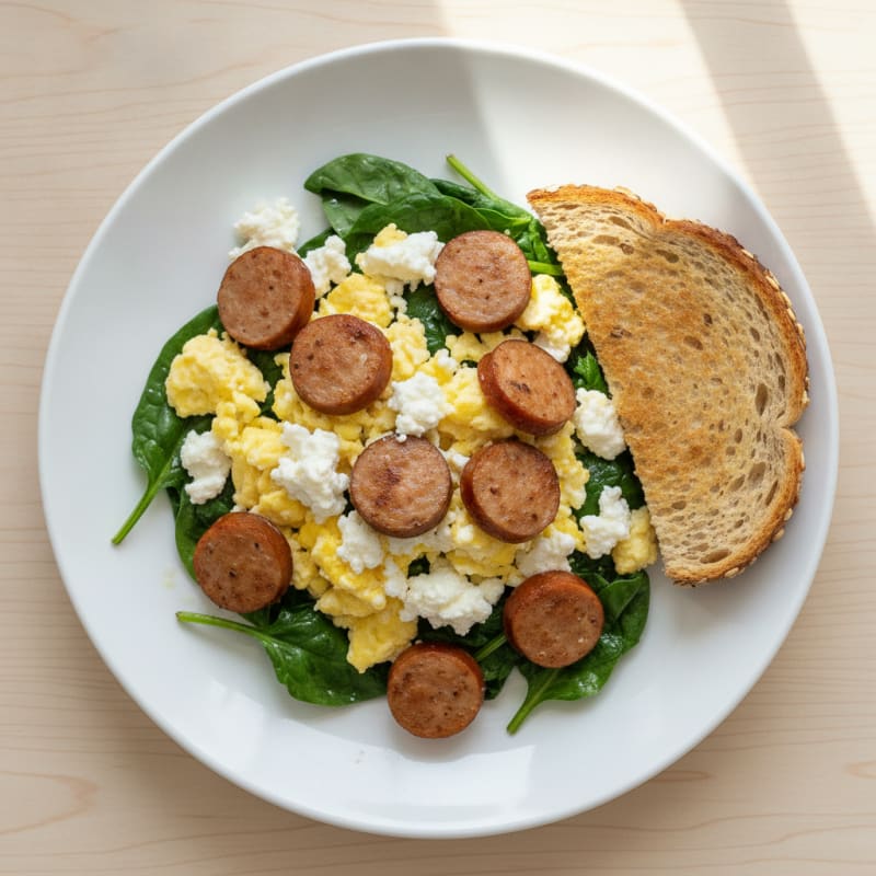 Cottage Cheese Scramble with Turkey Sausage and Sautéed Spinach