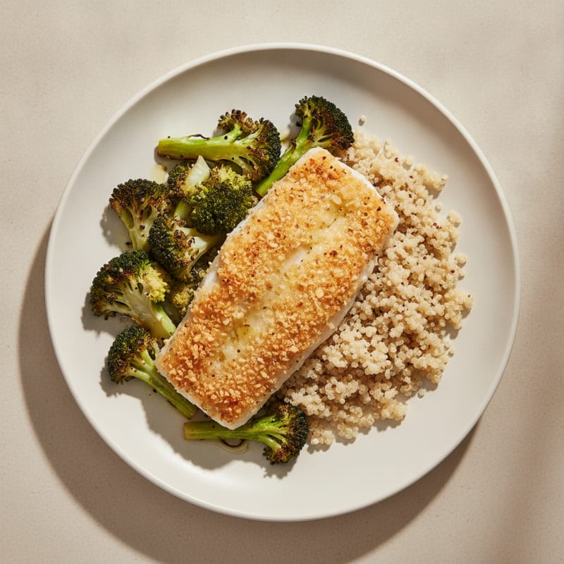 Crispy Baked Fish with Roasted Broccoli and Quinoa