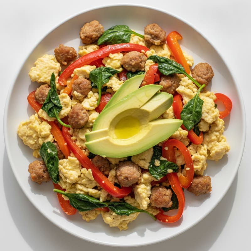 Egg White and Turkey Sausage Scramble with Spinach and Bell Peppers