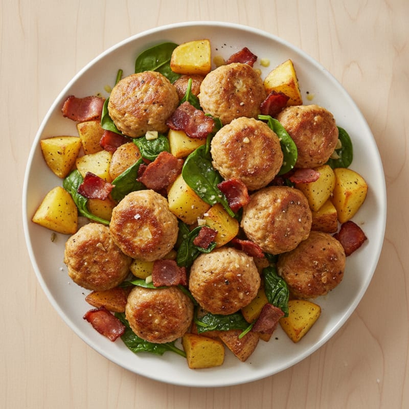 Chicken Meatballs with Roasted Bacon Potatoes