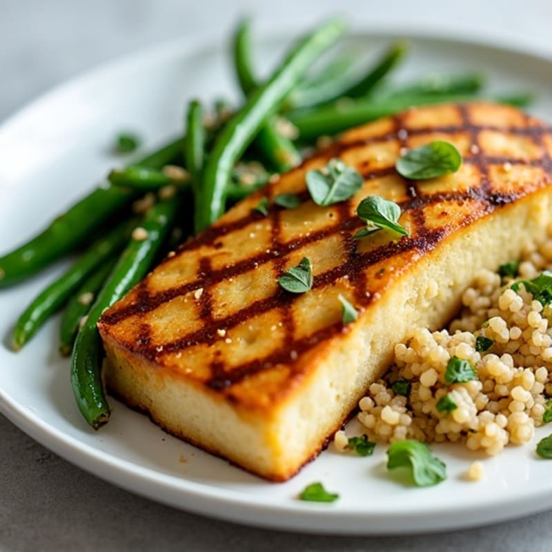 Grilled Tofu Steaks with Garlicky Green Beans and Quinoa