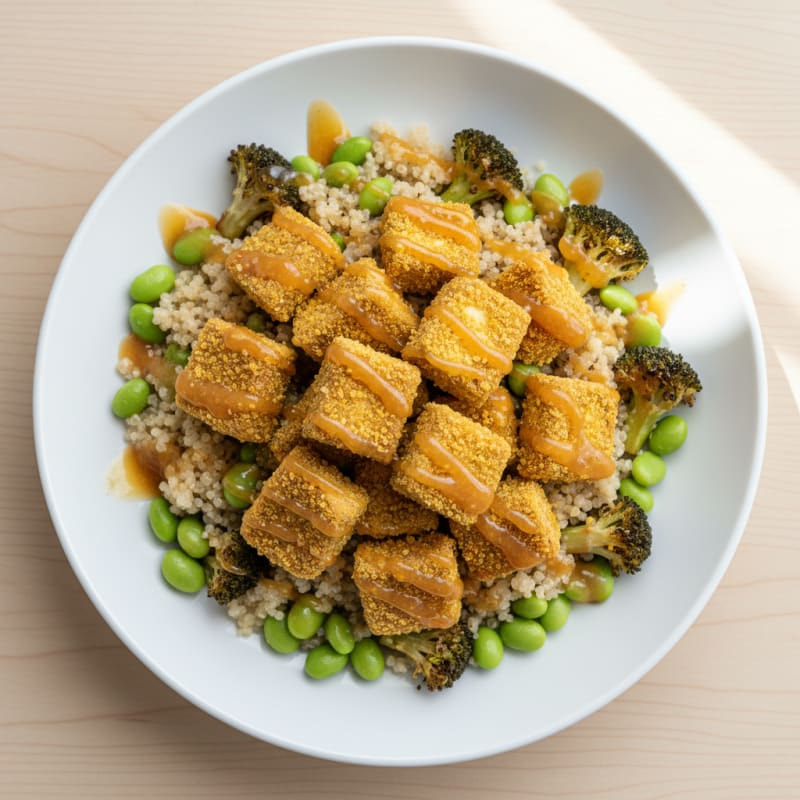 Crispy Tofu Power Bowl with Quinoa and Roasted Vegetables