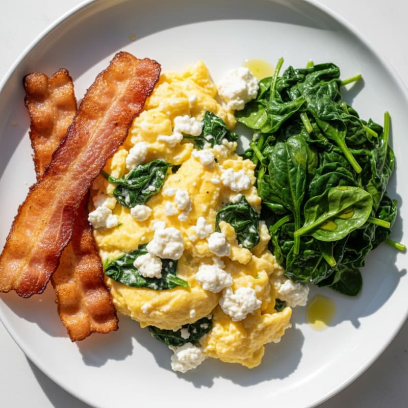Cottage Cheese Egg Scramble with Sautéed Spinach and Turkey Bacon