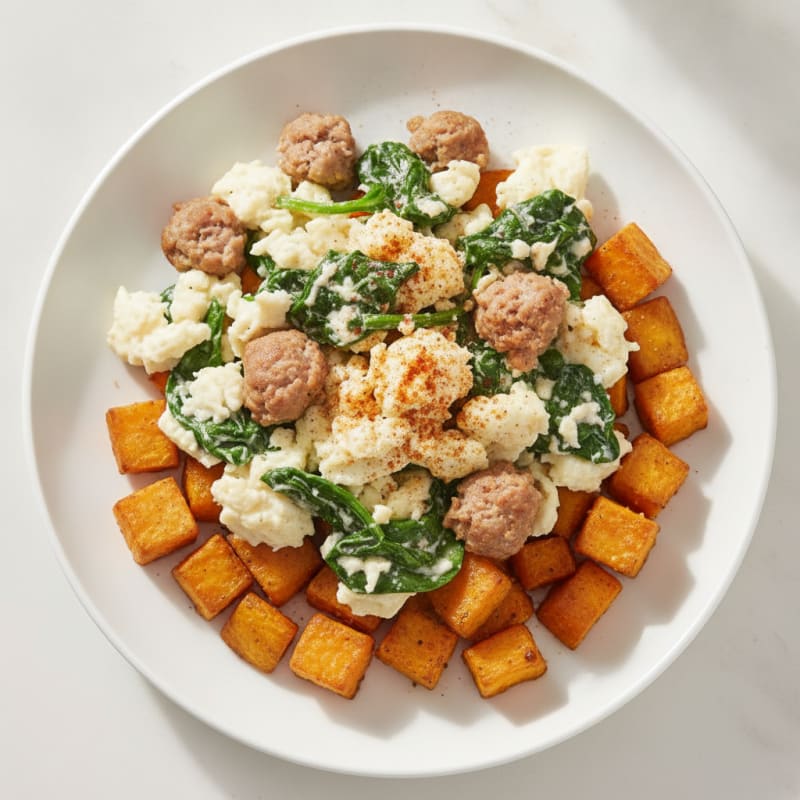 Egg White and Turkey Sausage Scramble with Spinach and Roasted Sweet Potatoes