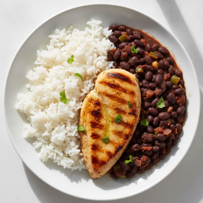 Grilled Chicken Breast with Steamed White Rice and Black Beans