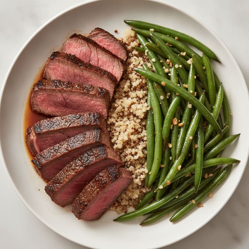 Seared Sirloin Steak with Garlic Green Beans and Quinoa