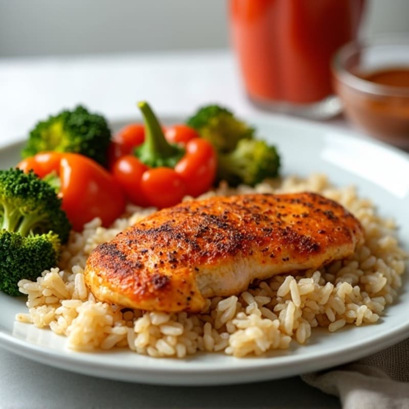 Spicy Chicken and Brown Rice with Roasted Vegetables