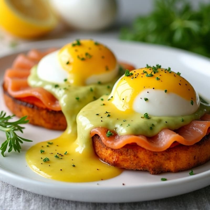 Poached Eggs with Crispy Sweet Potato Rounds, Smoked Salmon, and Creamy Avocado Sauce