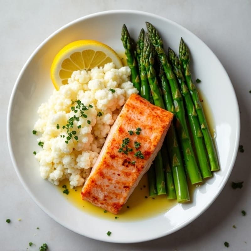 Seared Salmon with Steamed Asparagus and Cauliflower Mash