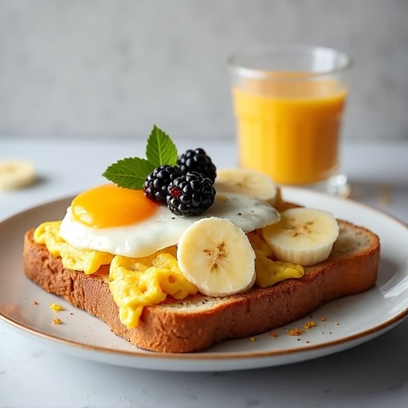 Egg and Sourdough Toast with Sliced Banana, Protein Shake & Blackberries