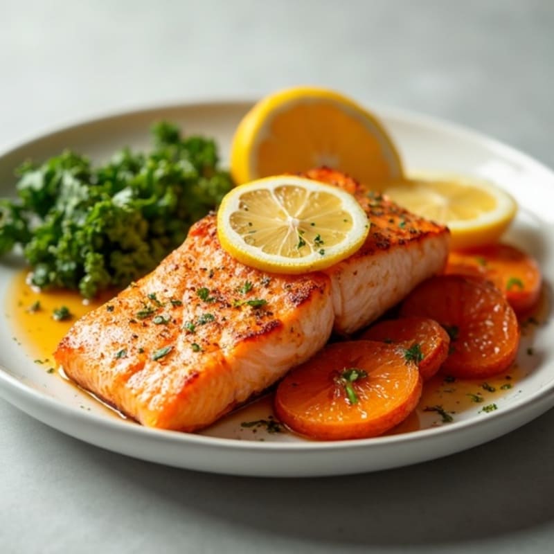 Crispy Lemon Garlic Salmon with Roasted Sweet Potatoes