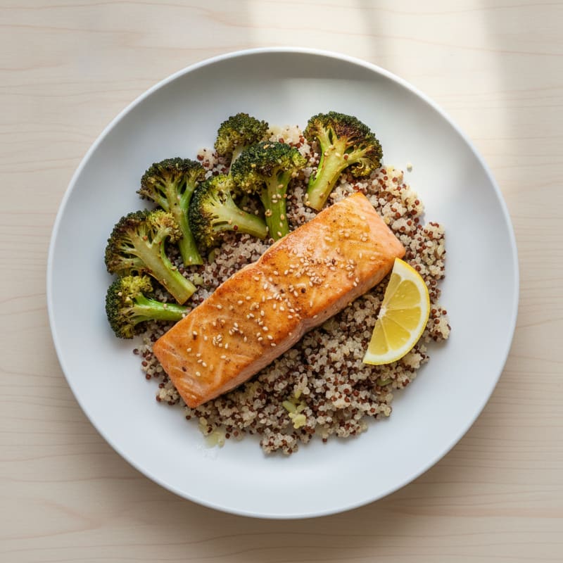 Seared Salmon Fillet with Roasted Broccoli and Quinoa