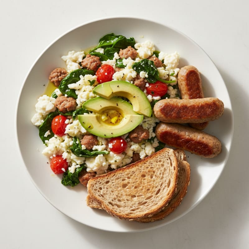 Egg White and Turkey Sausage Scramble with Spinach and Tomatoes