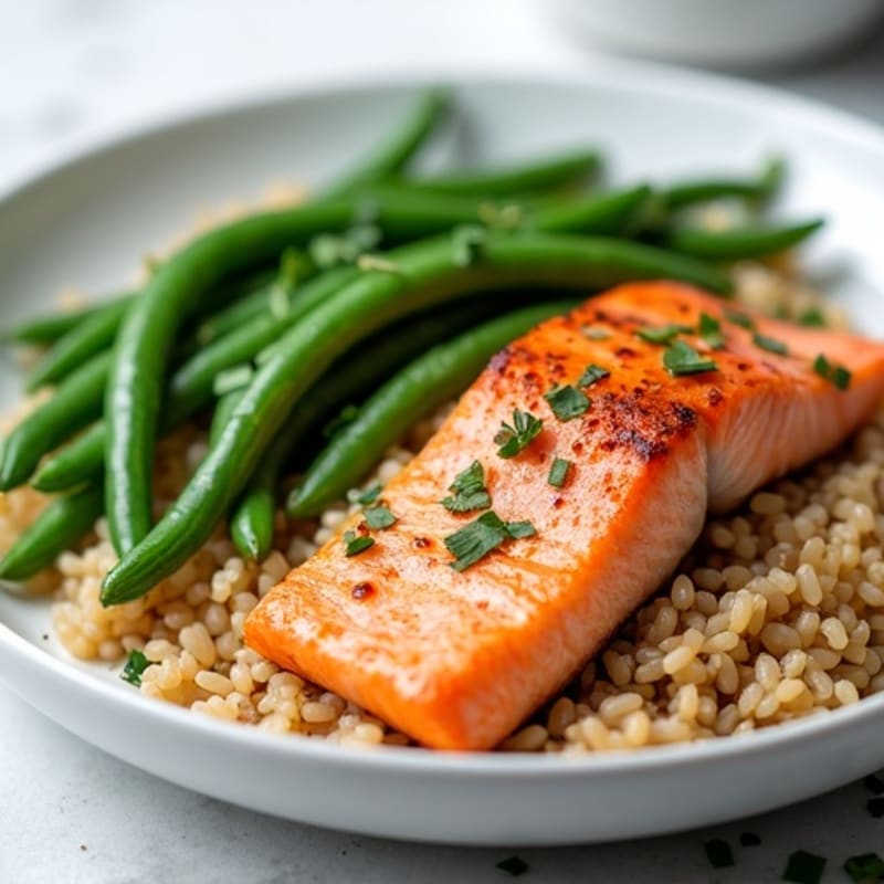 Seared Salmon with Garlic Green Beans and Brown Rice