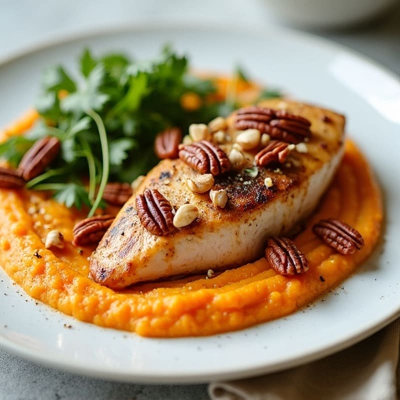 Roasted Chicken Breast with Creamy Sweet Potato Puree and Crispy Salted Pecans