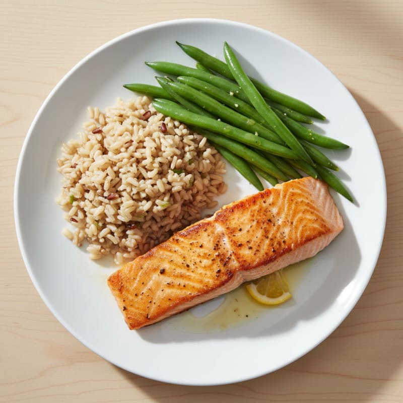 Seared Salmon with Steamed Green Beans and Brown Rice