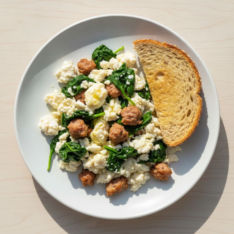 Egg White Scramble with Turkey Sausage and Sautéed Spinach