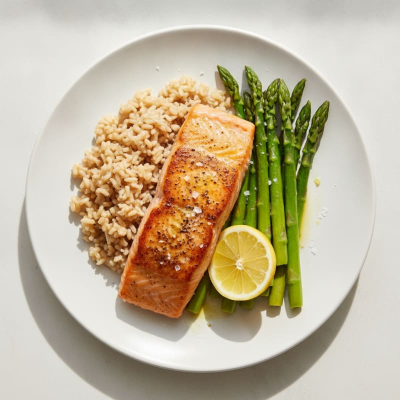 Seared Salmon with Steamed Asparagus and Brown Rice