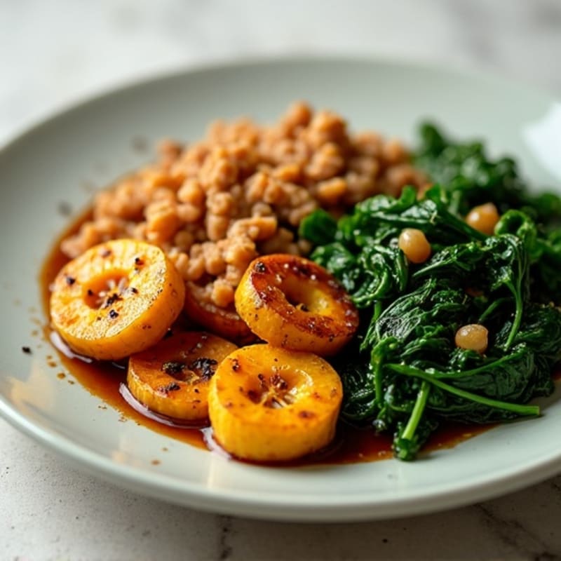 Caramelized Roasted Plantains with Lean Ground Turkey and Sautéed Spinach