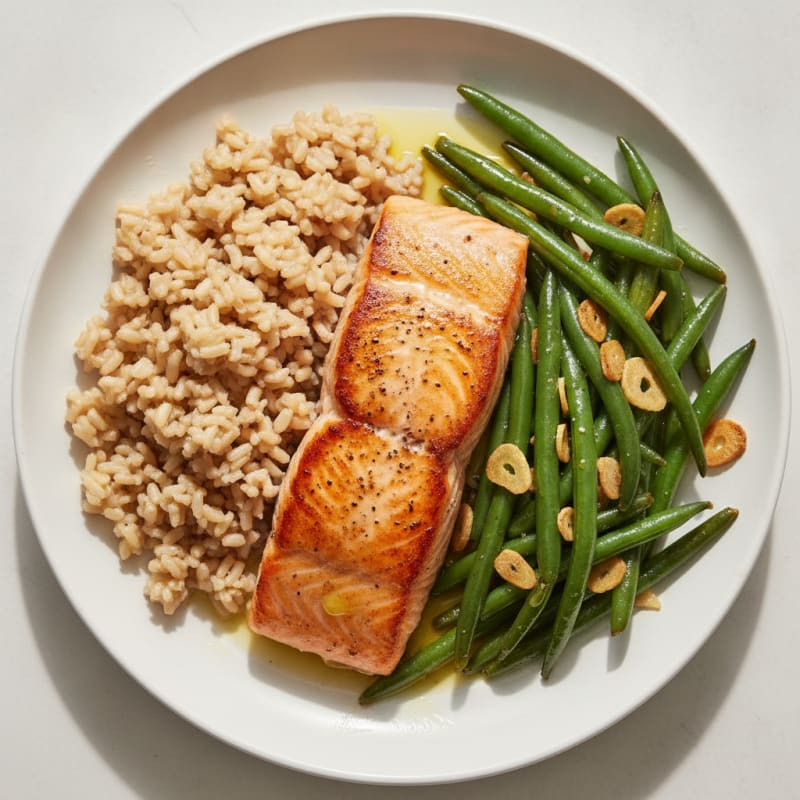 Seared Salmon with Garlic Green Beans and Brown Rice