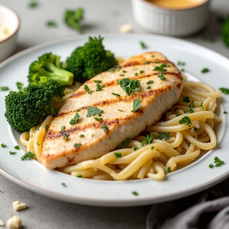 Healthy Creamy Chicken Alfredo Pasta with Roasted Broccoli