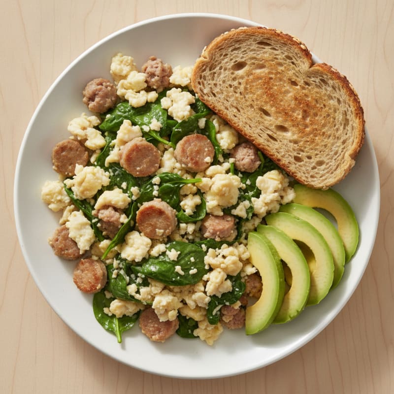 Egg White and Turkey Sausage Scramble with Baby Spinach