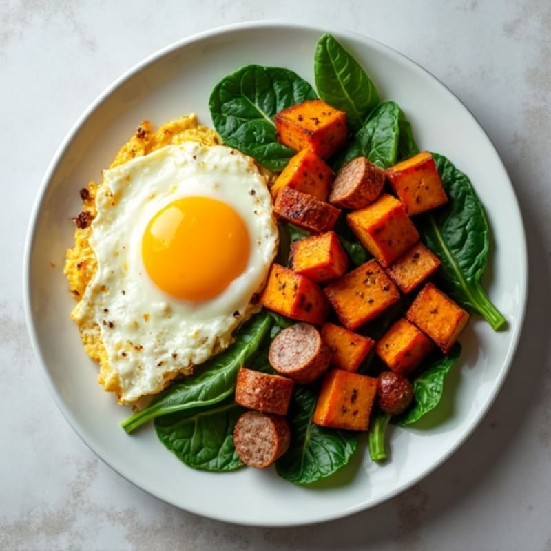 Egg White and Turkey Sausage Scramble with Spinach and Roasted Sweet Potato