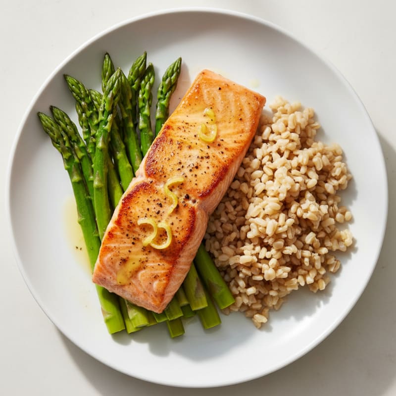 Seared Salmon with Steamed Asparagus and Brown Rice