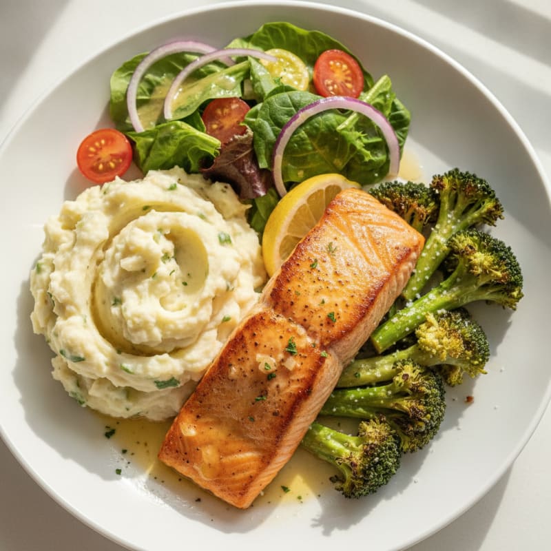 Seared Salmon with Roasted Broccoli and Garlic Mashed Potatoes