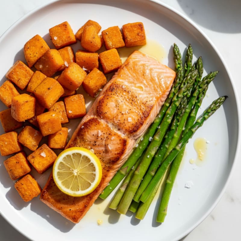 Seared Salmon Fillet with Roasted Sweet Potatoes and Asparagus