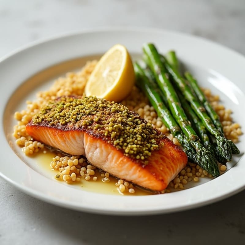 Crispy Pistachio-Crusted Salmon with Roasted Asparagus and Lemon Quinoa