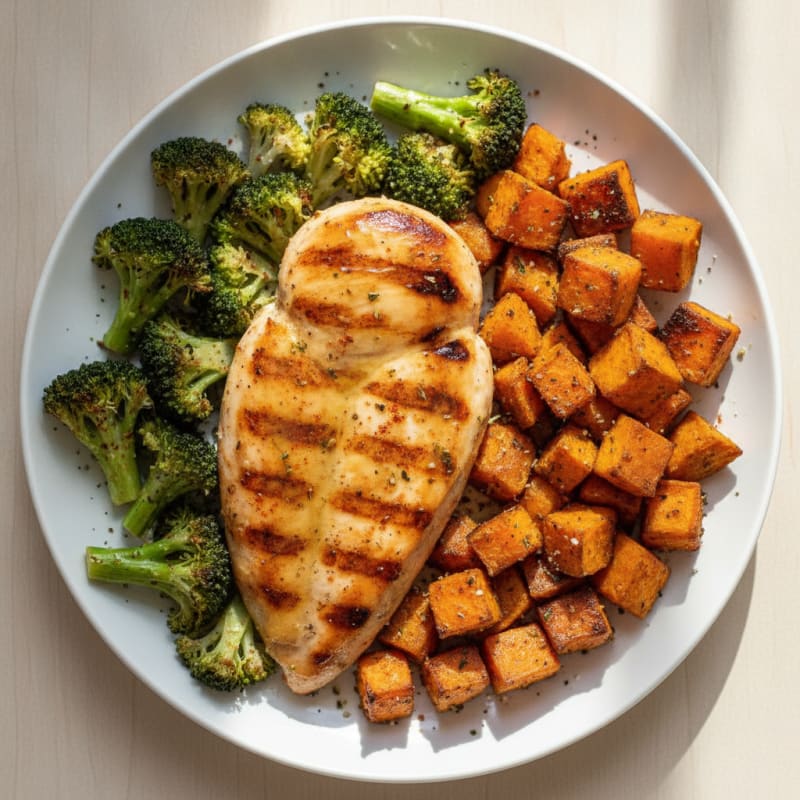 Grilled Chicken Breast with Roasted Sweet Potato and Broccoli