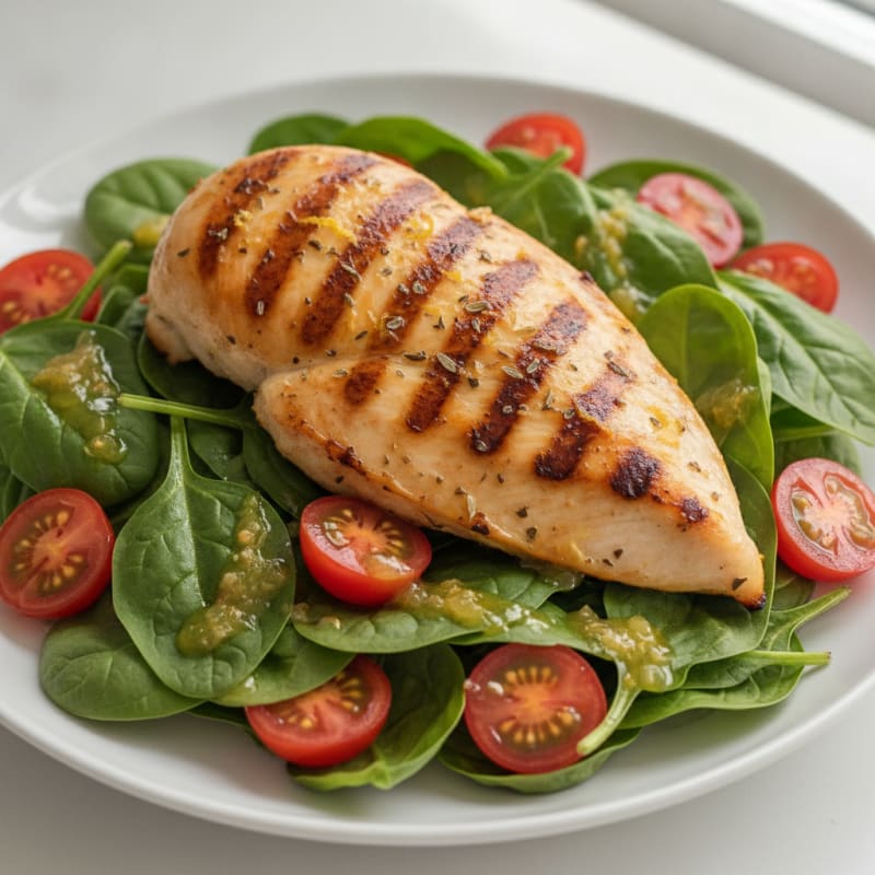 Grilled Chicken Breast with Spinach and Tomato Salad