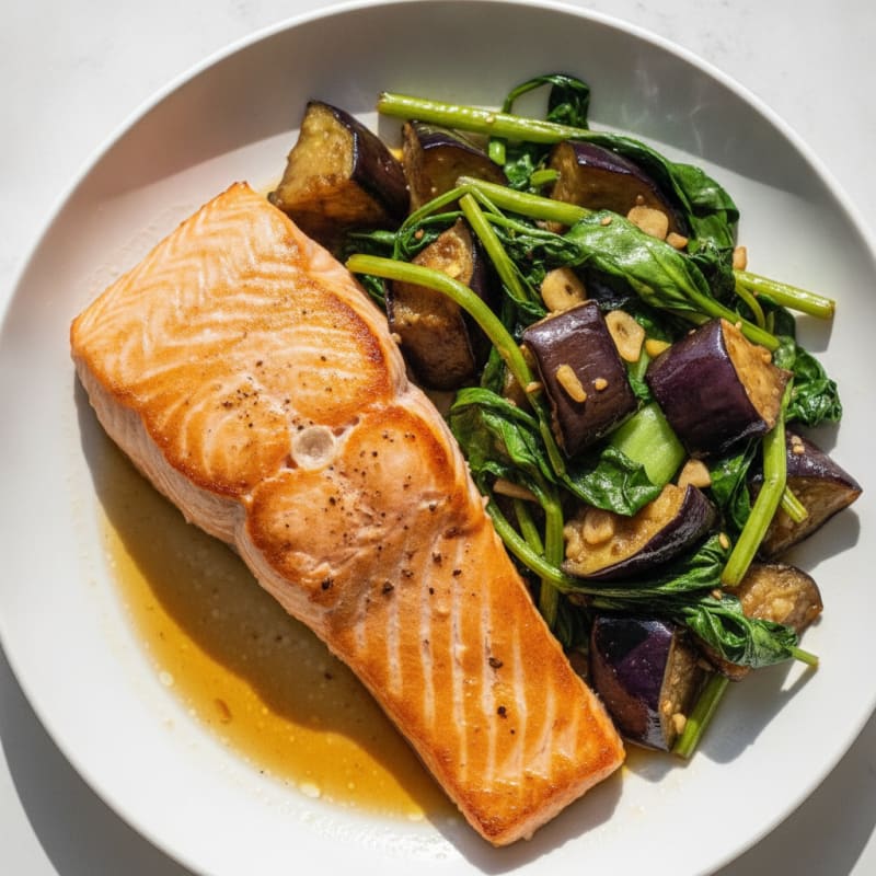 Seared Salmon with Garlic Eggplant and Water Spinach