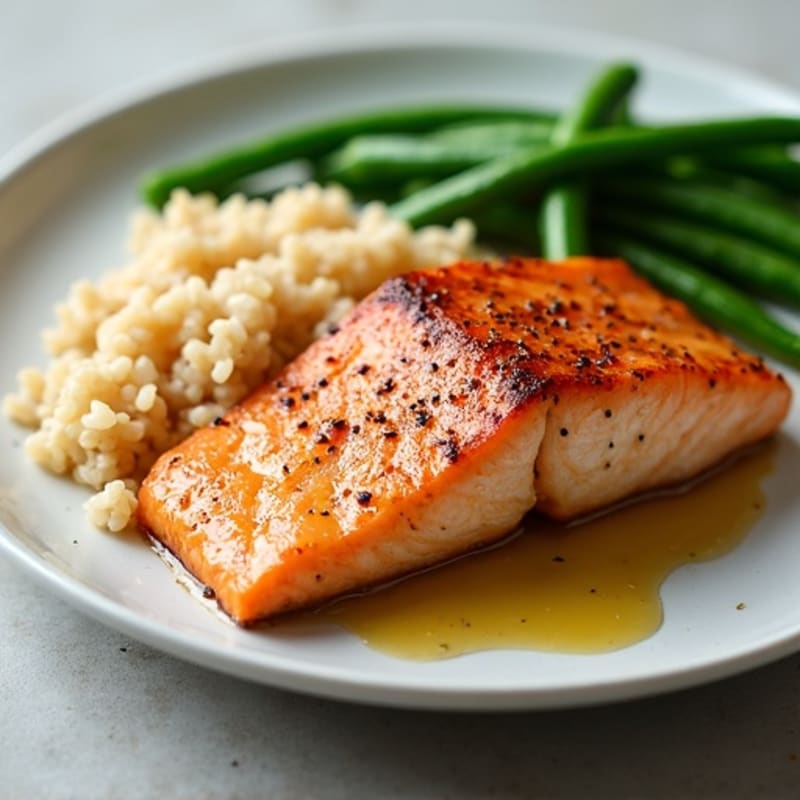 Pan-Seared Salmon with Garlic Green Beans and Brown Rice