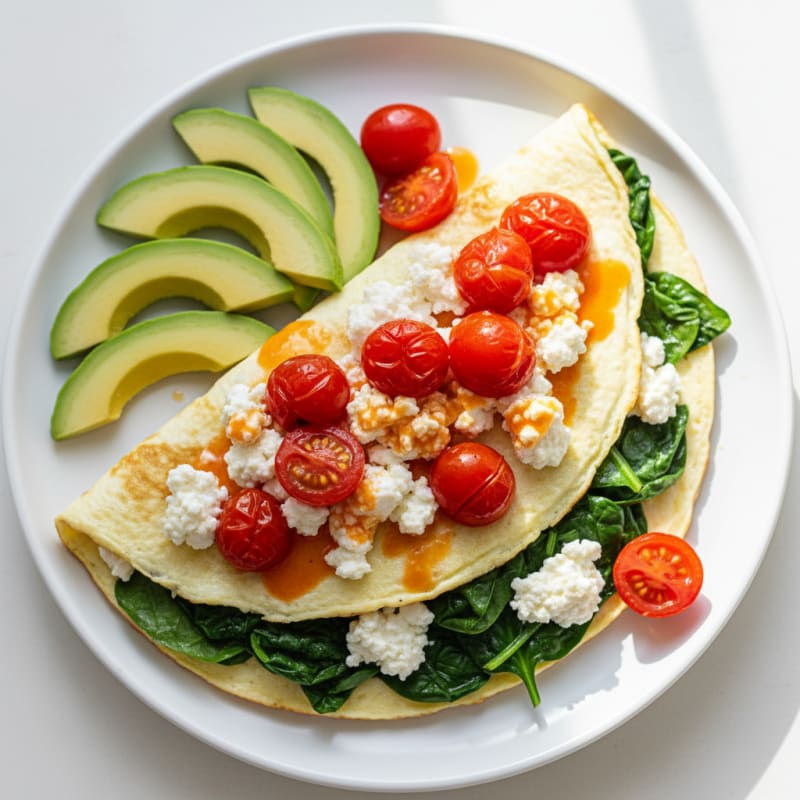 Egg White Spinach Omelet with Cottage Cheese and Cherry Tomatoes